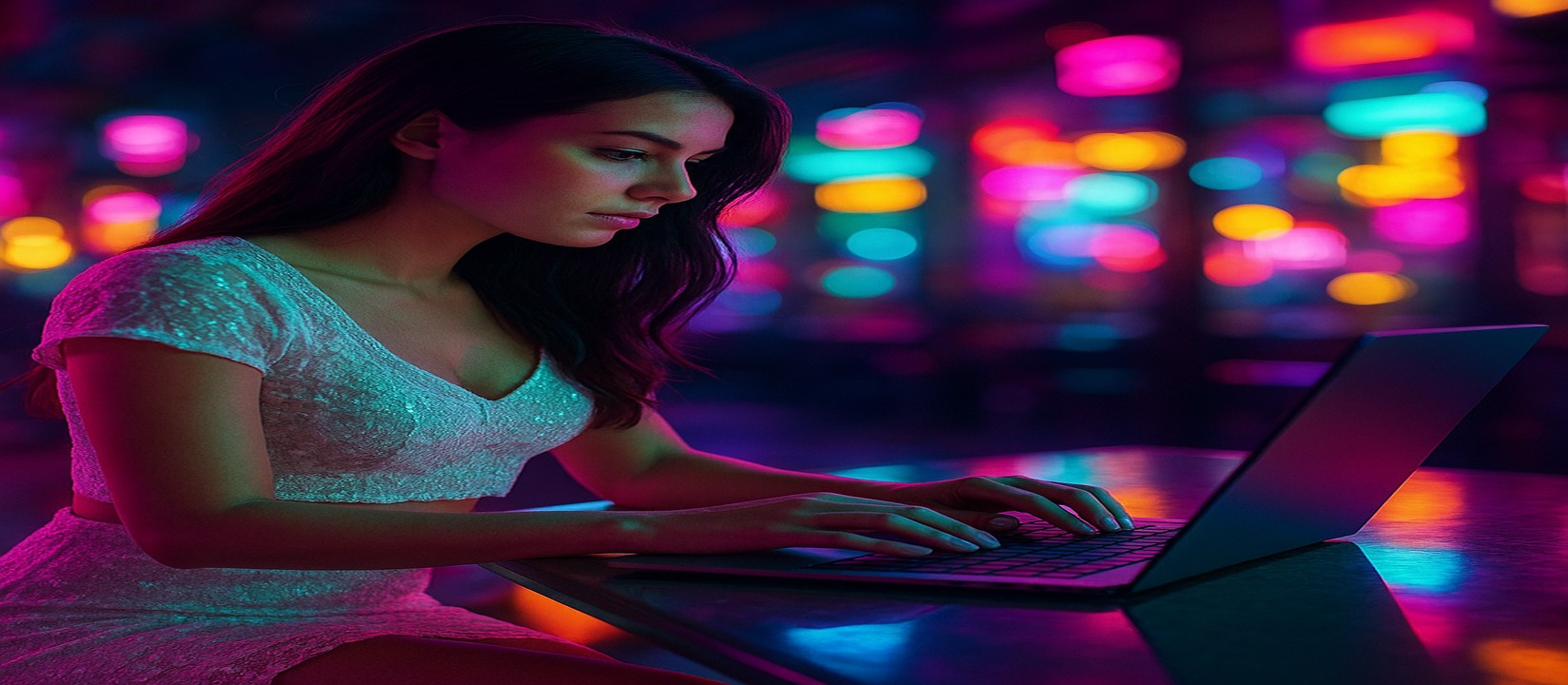 নিয়ন আলোয় বসে একজন নারী ল্যাপটপে এভিয়েটর গেম খেলছেন