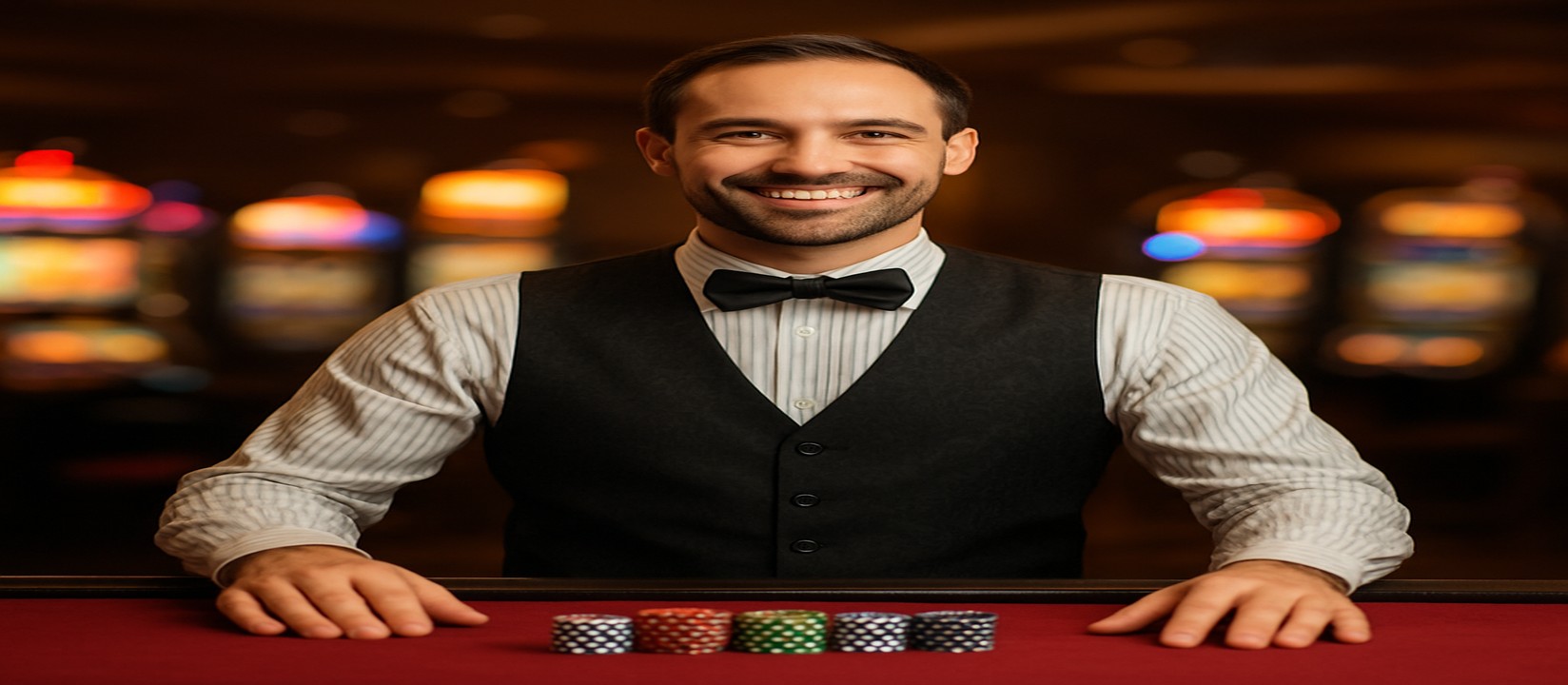 লাইভ টেবিল-ভিত্তিক গেমিং প্ল্যাটফর্মের পাশে বন্ধুসুলভ ডিলারের দৃশ্য