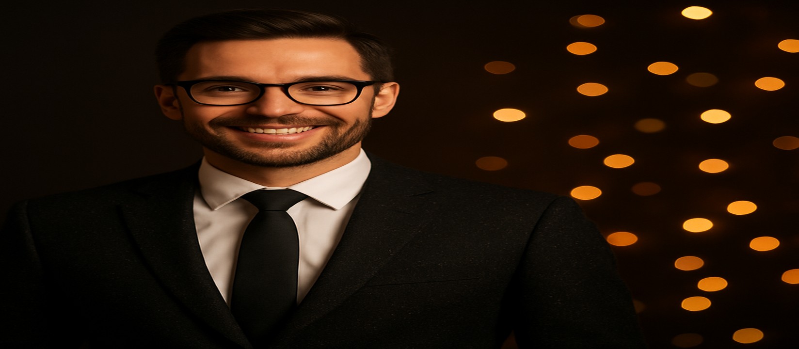 ek33 এর আলোয়, কালো স্যুট পরা এক আত্মবিশ্বাসী ব্যক্তি, চারপাশে ছড়িয়ে থাকা সোনালি আলো