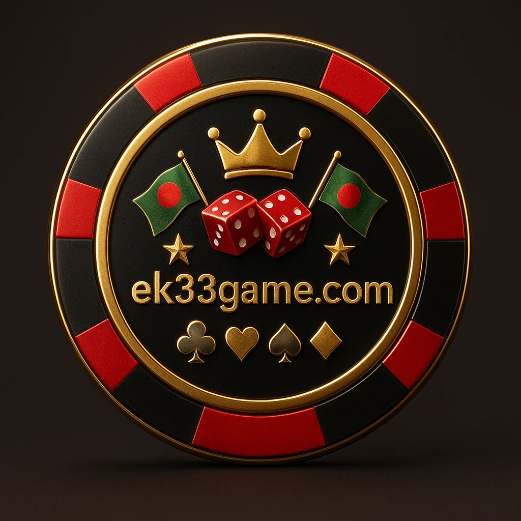 ek33 লোগোসহ সোনালি গেমিং প্ল্যাটফর্ম চিপ, মুকুট, তারা, বাংলাদেশের পতাকা ও খেলার প্রতীক