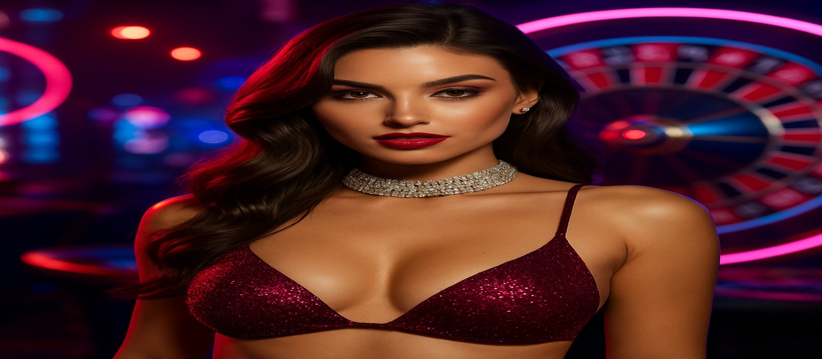 ঝলমলে বেগুনি পোশাকে এক নারী, পেছনে আলোকিত খেলার চক্র ও ek33 প্ল্যাটফর্ম-চিপ