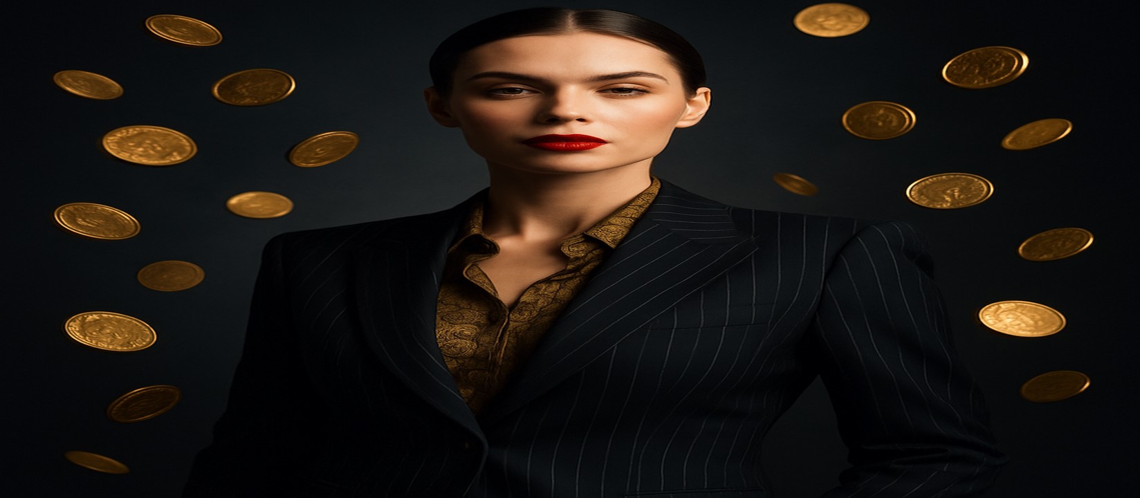 কালো ডোরাকাটা পোশাকে এক নারী, সোনালি আলোয় জ্বলজ্বল, চারপাশে ভাসমান সোনার কয়েন