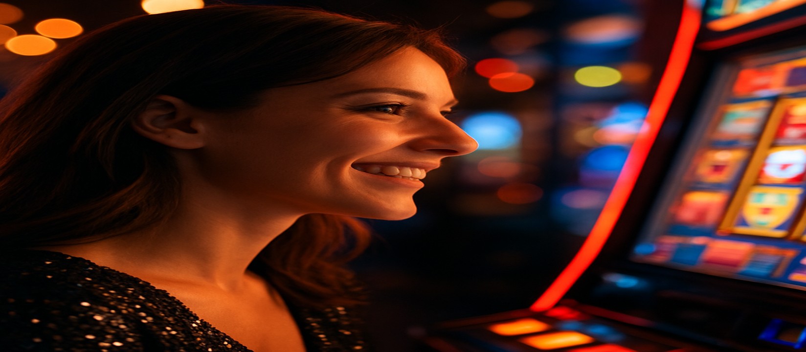 রঙিন আলোয় আর্কেড গেম খেলছেন হাস্যোজ্জ্বল নারী